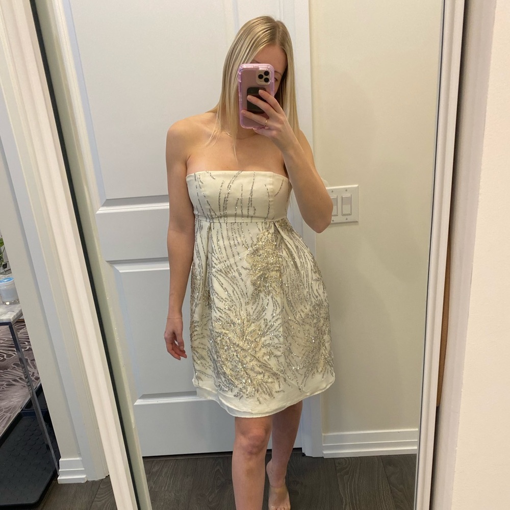 White silver & gold formal dress by Pam Chorely